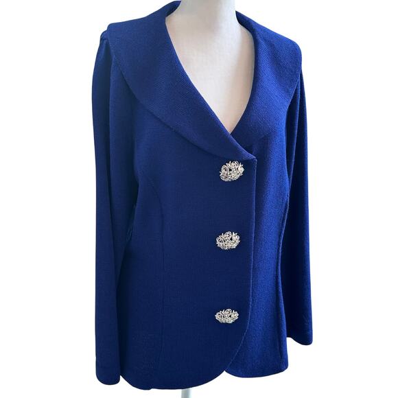 St. John Evening Marie Gray Royal Blue Santana Knit Blazer Skirt Set Sz 12 - Picture 4 of 14